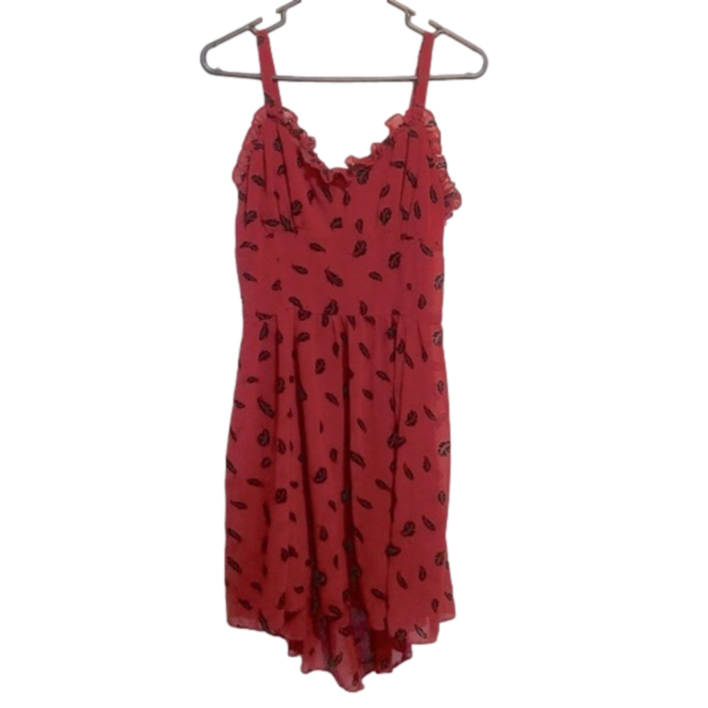 ROYAL BONES Red Tank Midi Dress w. Black Feather Print